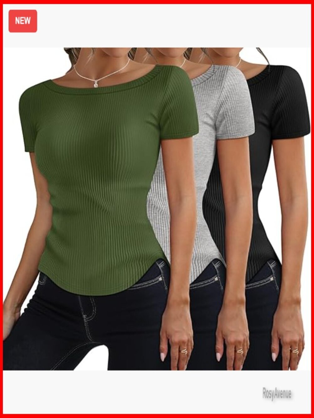 3 Pack Short Sleeve Ribbed Knit Slim Fitted Boat Neck T-Shirts Curved Hem